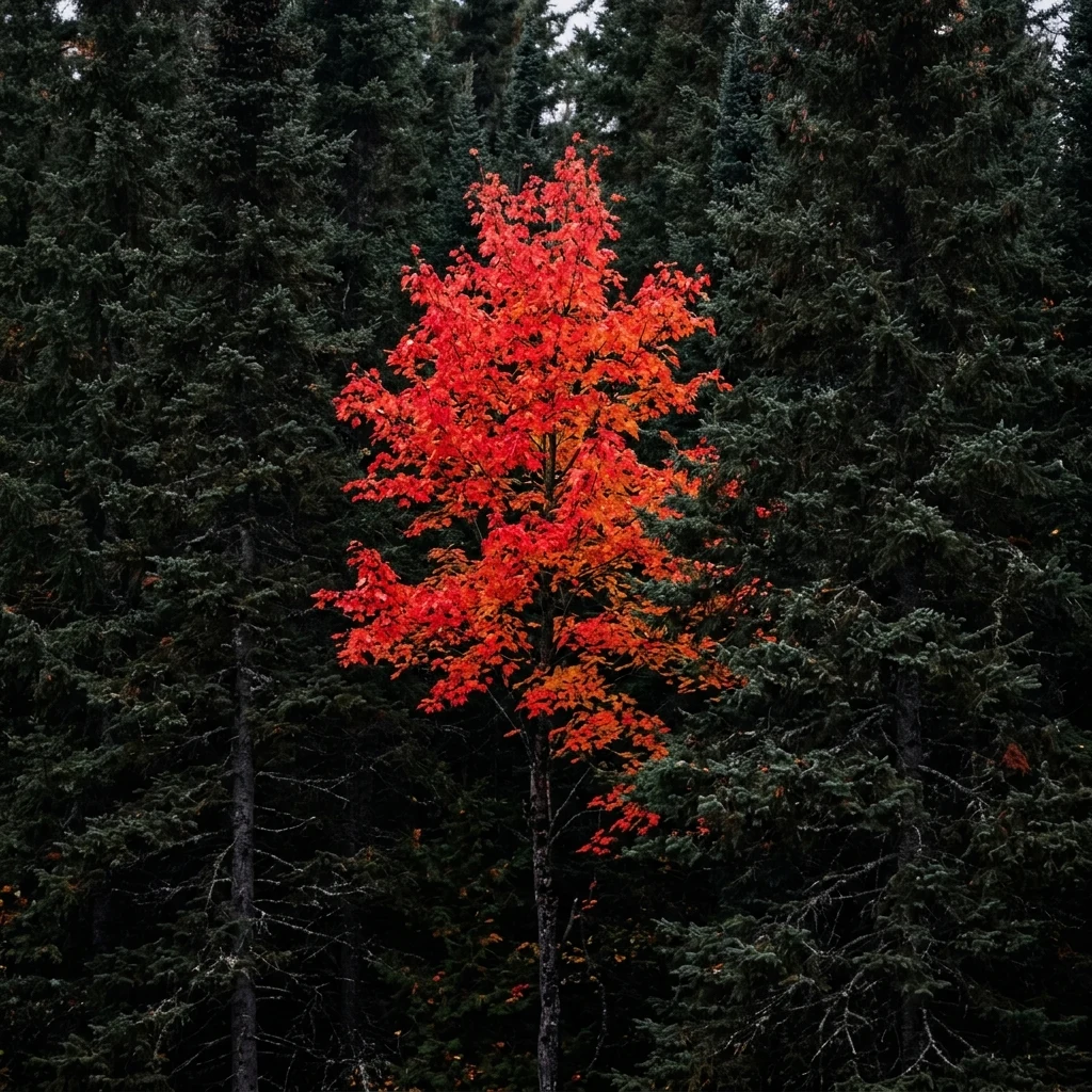 A single scarlet maple standing against black spruce