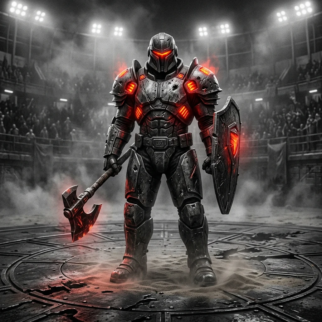 A futuristic gladiator in pitted titanium plate armor with glowing red thermal vents
