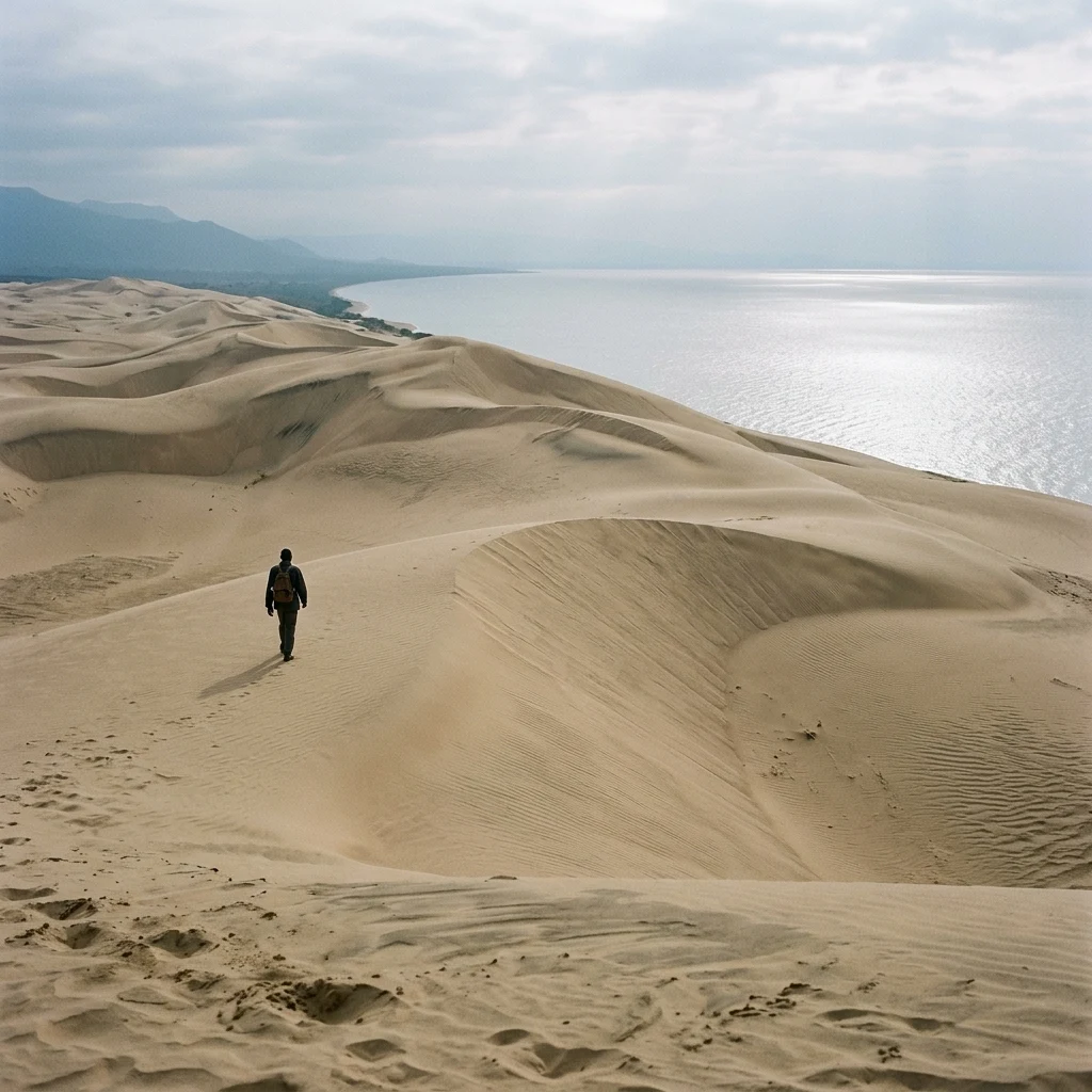 Walker crossing sand dunes by the lake