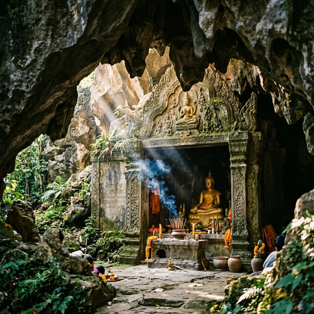 Ancient stone shrine in a mountain cave