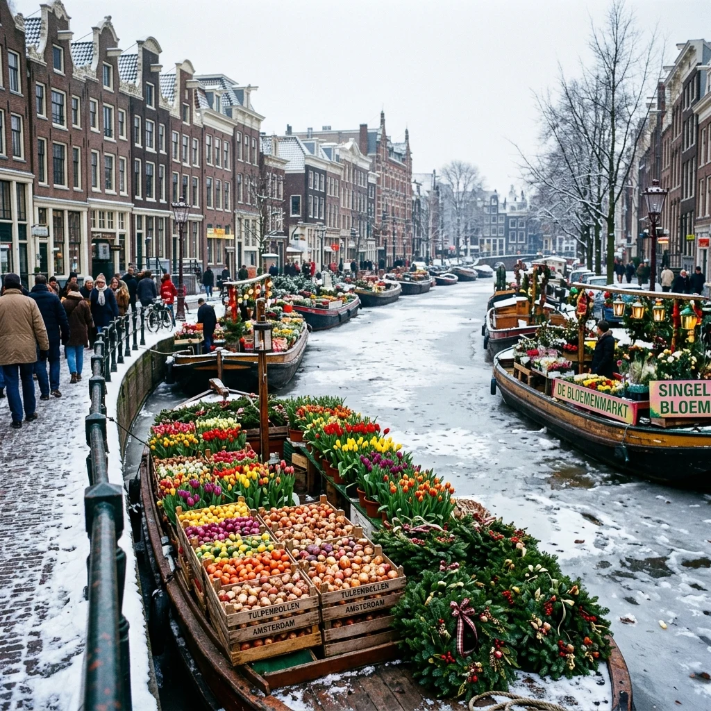 A winter flower market in Amsterdam along the Singel canal