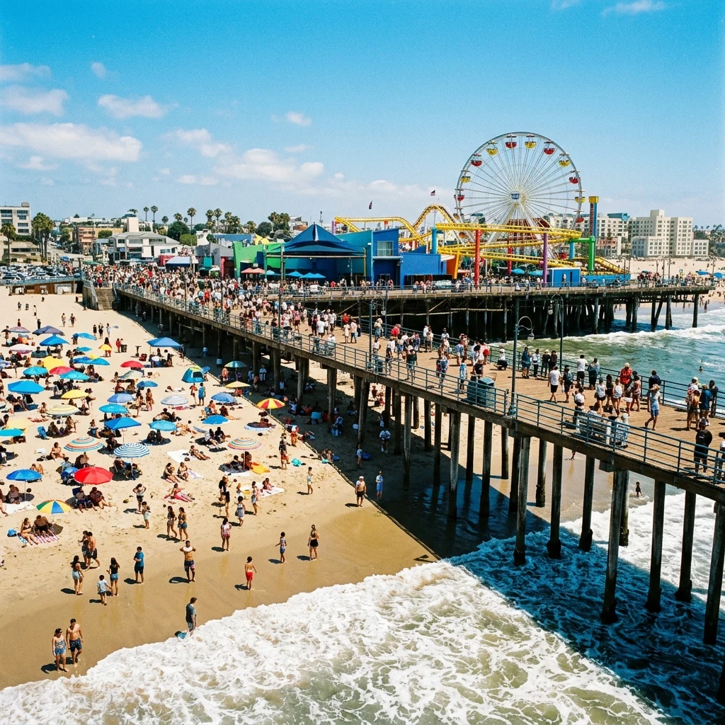 A packed summer scene at Santa Monica Beach