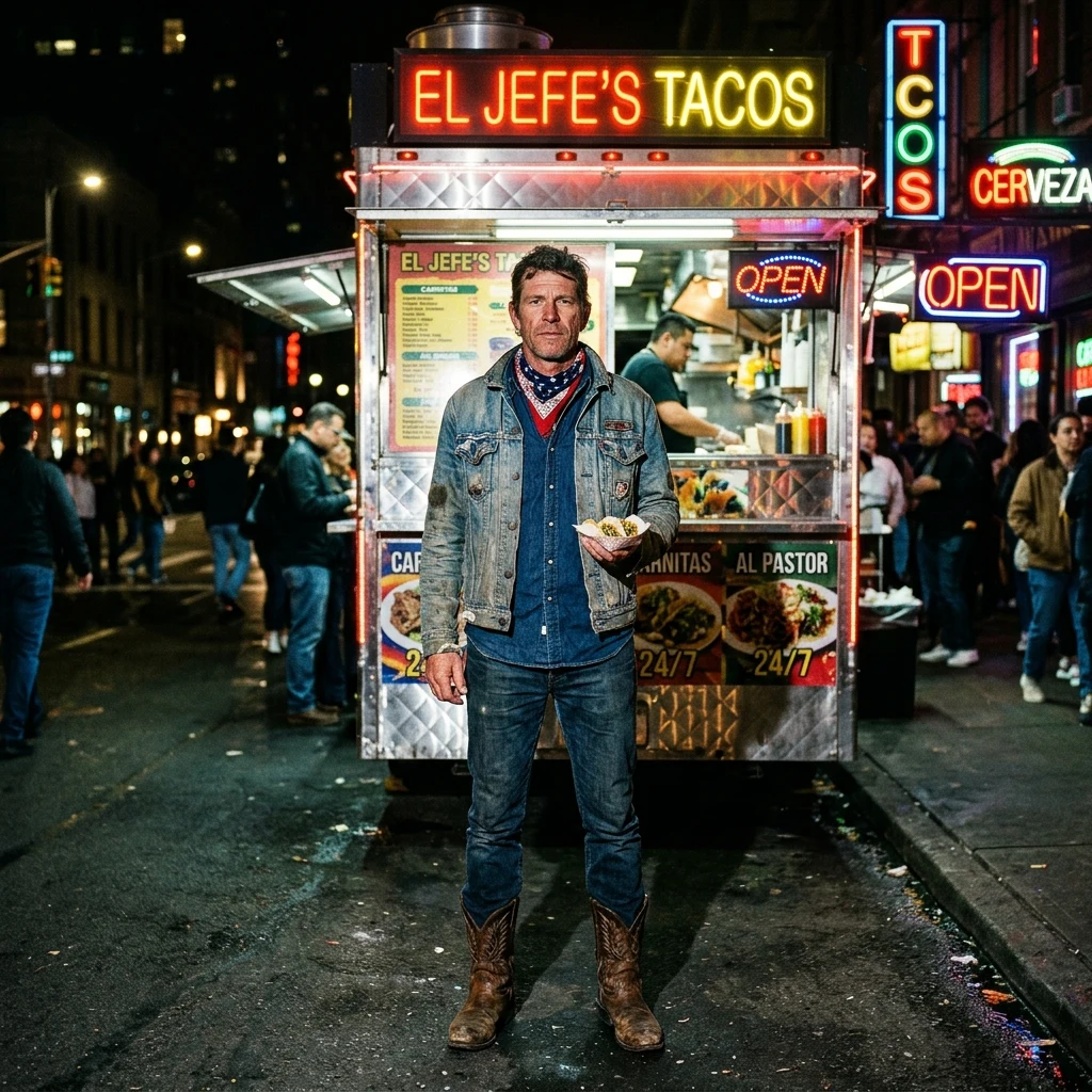 A man in denim on denim with a bandana and cowboy boots at a taco truck after midnight