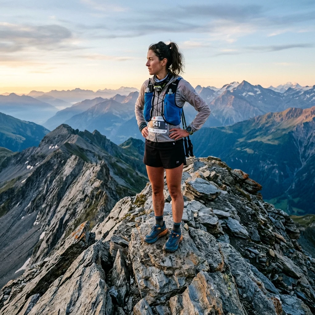 Runner standing on a mountain ridge at dawn