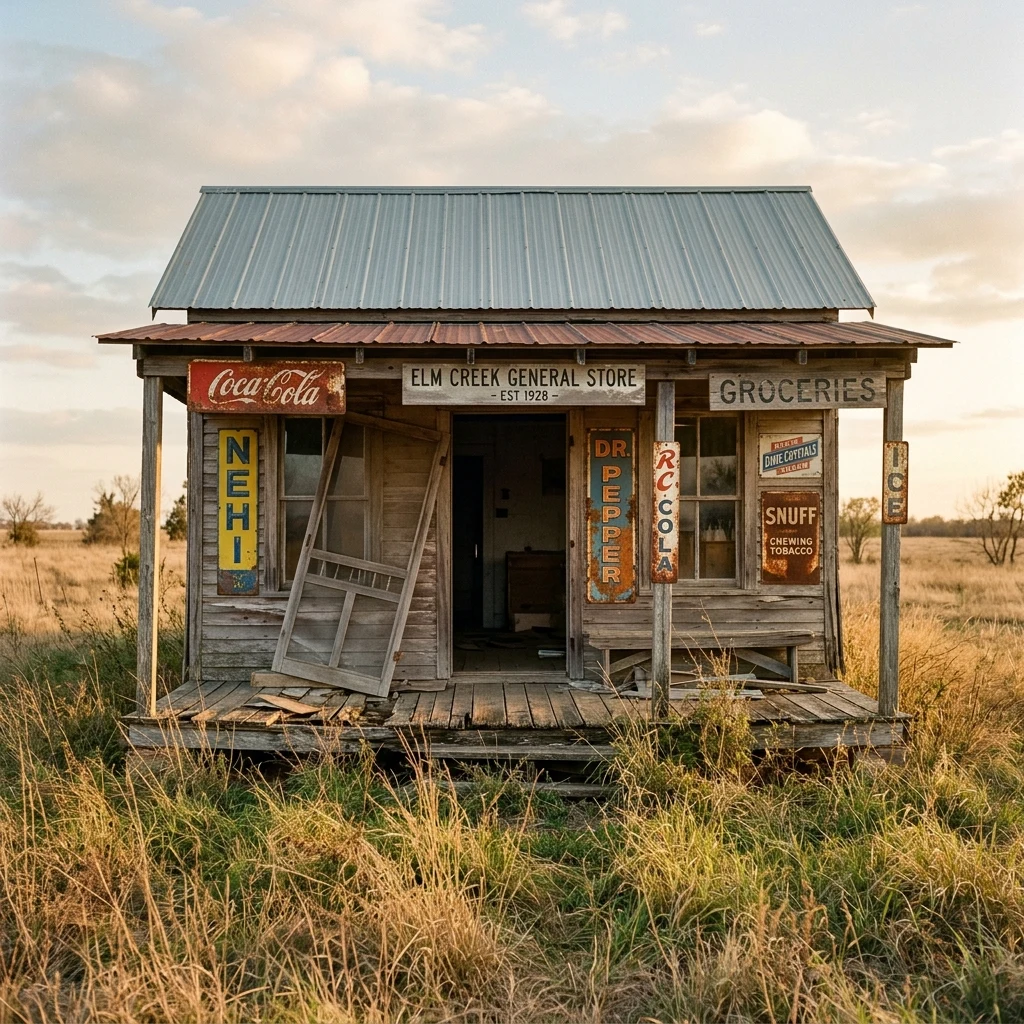 Abandoned country store in tall grass