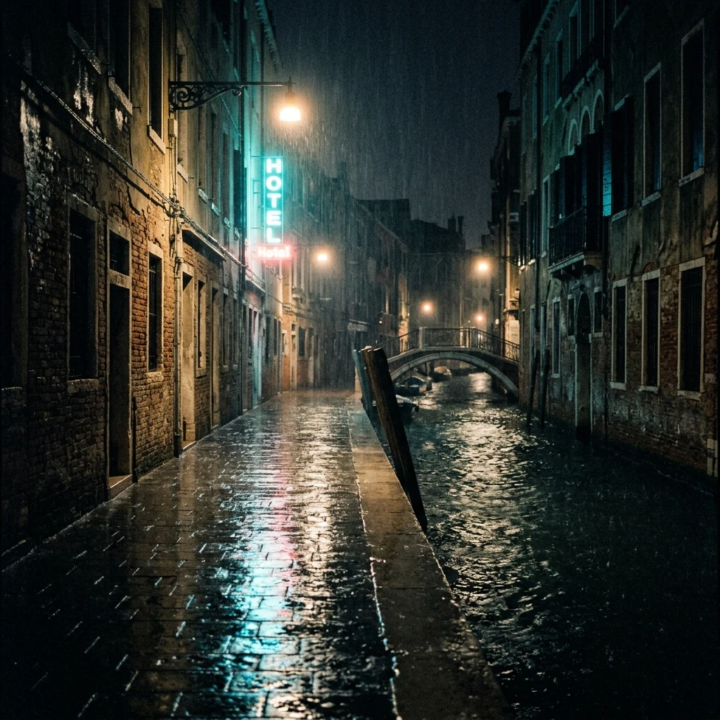 A narrow canal-side street in Venice during a night downpour