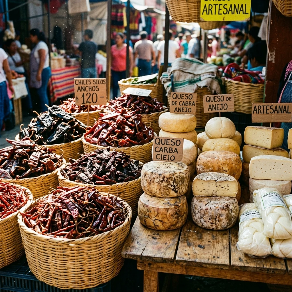 Dried chiles and cheese at an outdoor market