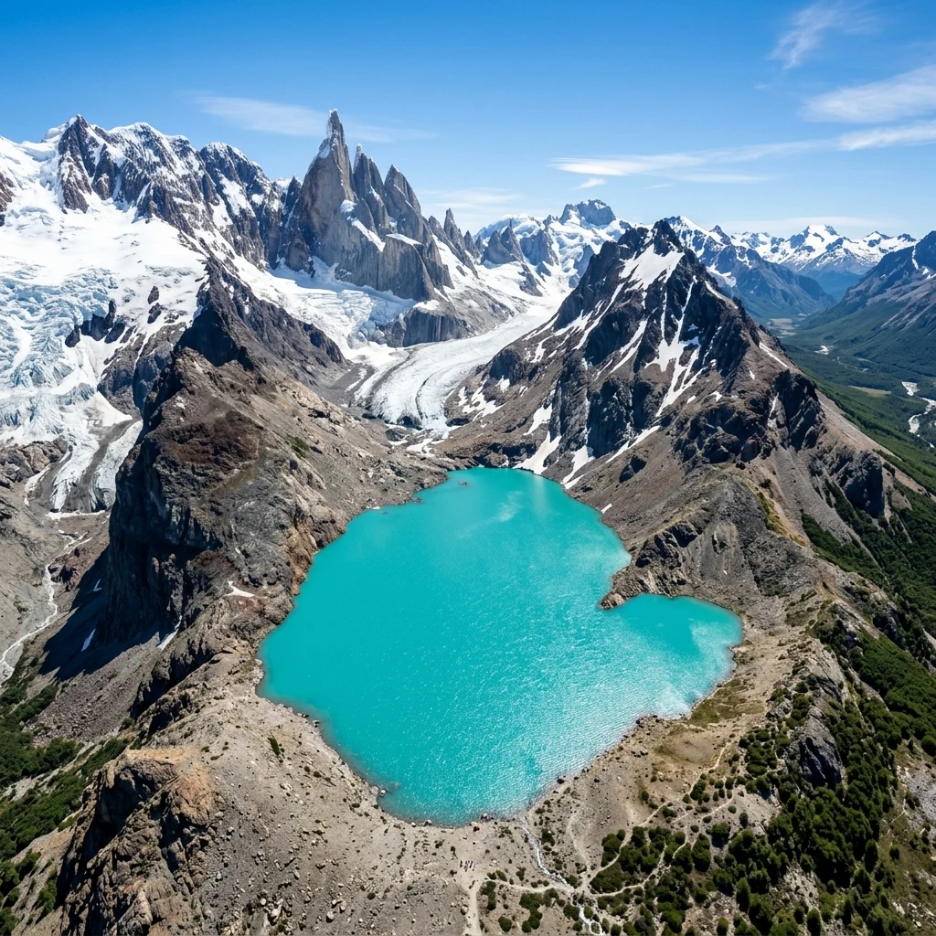 An aerial drone photograph of the turquoise waters of Laguna 69 nestled against sheer…