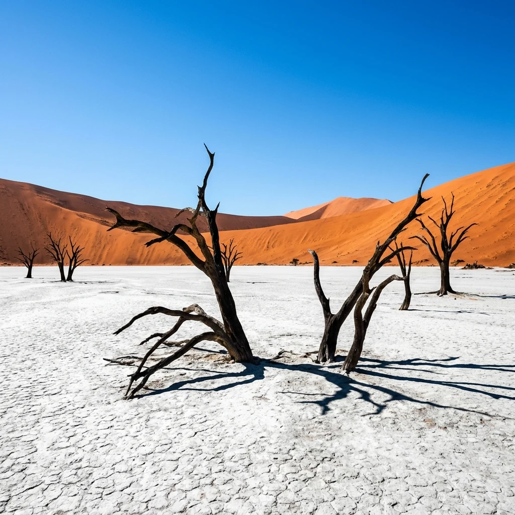 Stark dead acacia tree trunks rising from a white clay pan at Deadvlei