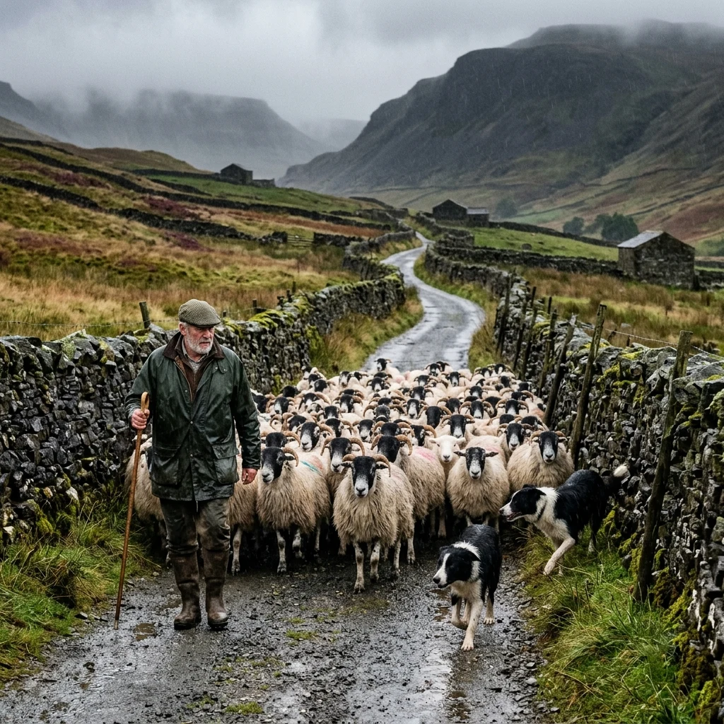 A shepherd and two dogs turning a flock through a stone-walled lane in the Yorkshire Dales