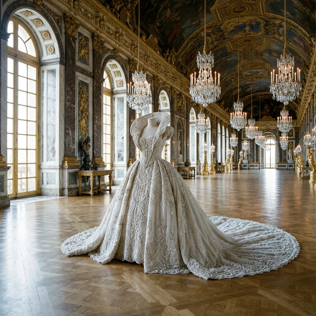 A haute couture bridal gown featuring intricate pearl embroidery and an exaggerated high…