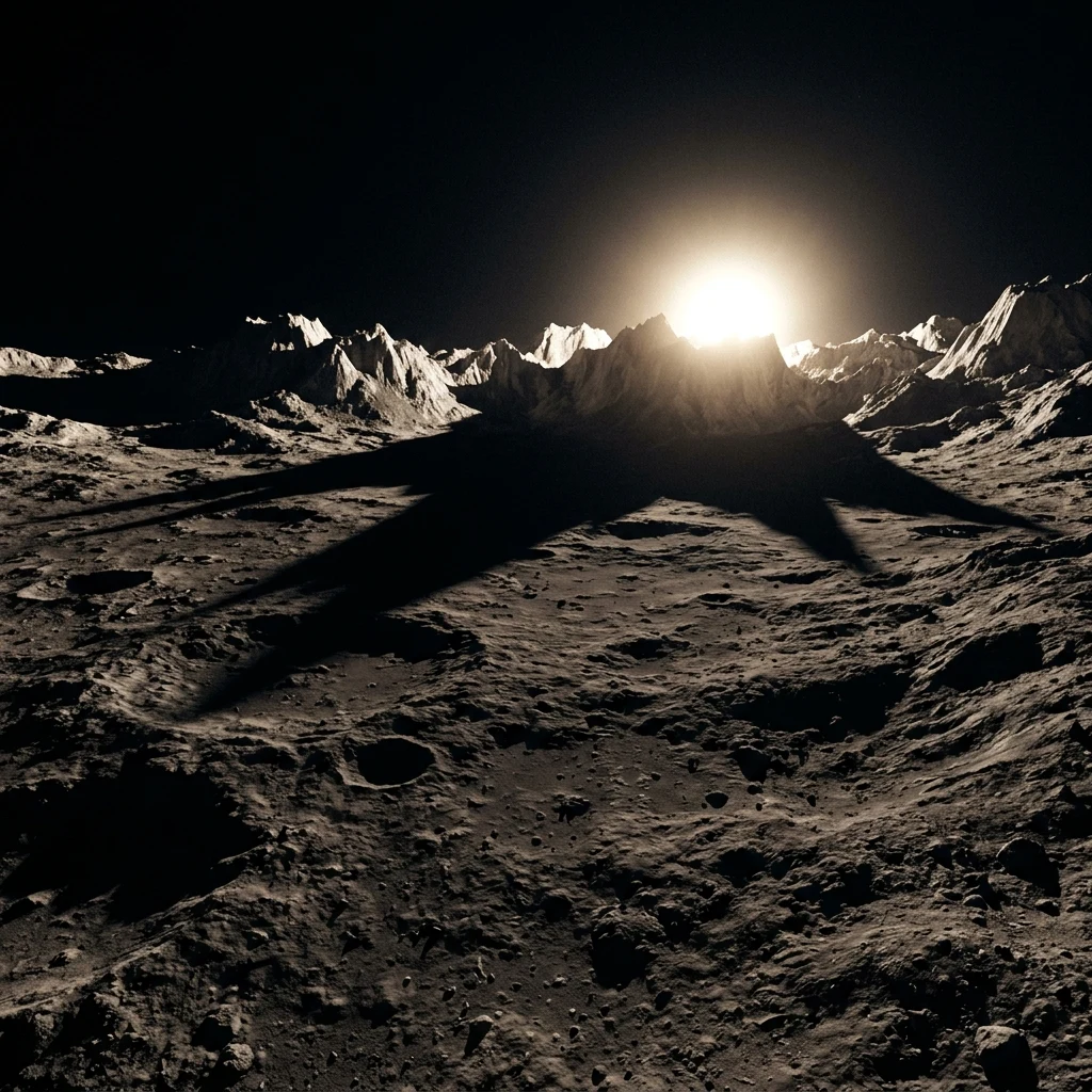A high-contrast photograph of Caloris Montes' mountain shadows stretching tens of miles…