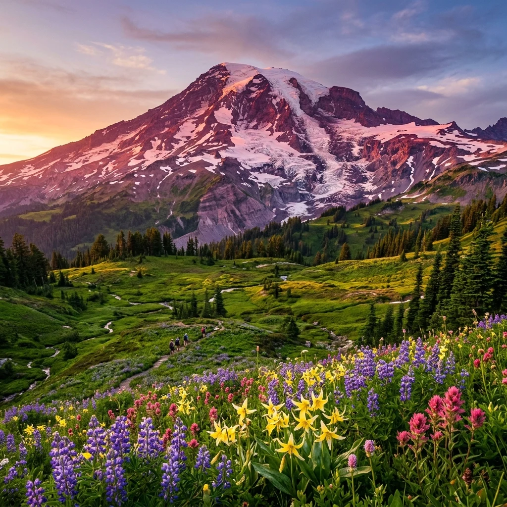 Volcanic peak above a colorful mountain meadow