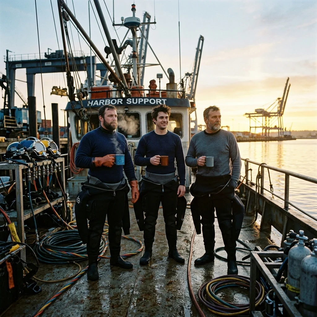 A commercial dive crew on the deck of a harbor support boat at dawn