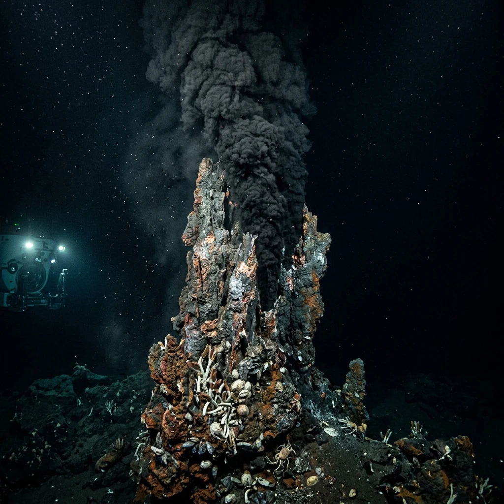 An underwater photograph of a hydrothermal 'black smoker' vent along the Mid-Atlantic…