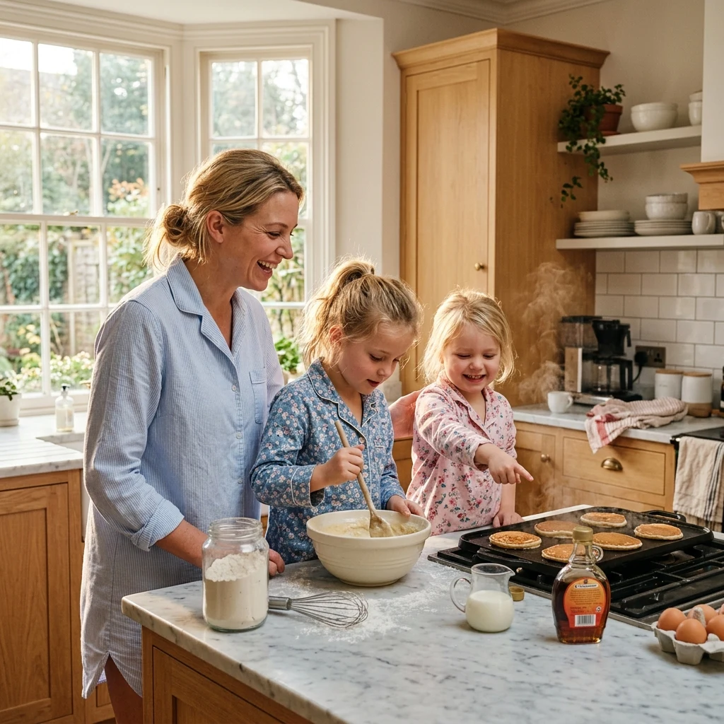 A mother with two young daughters in matching nightshirts making pancakes on a Sunday…