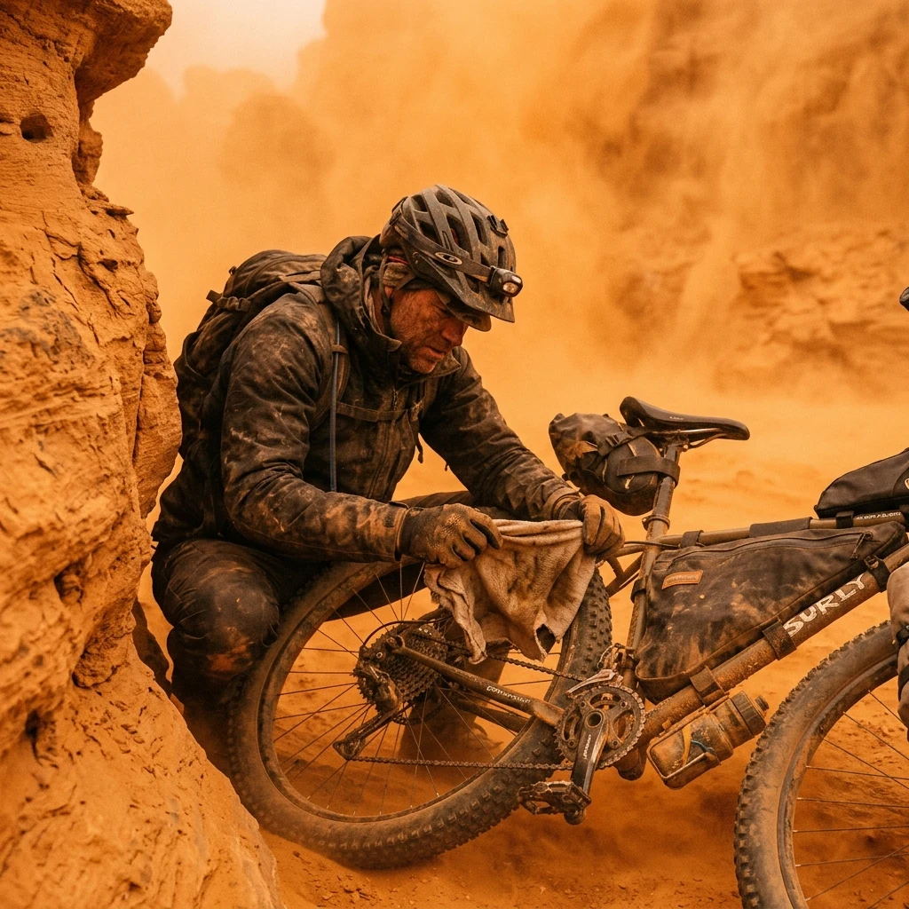 A mountain bike scout crouching behind a sandstone ledge during a violent dust storm
