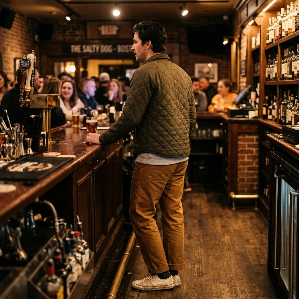Patron at a cozy wooden pub bar