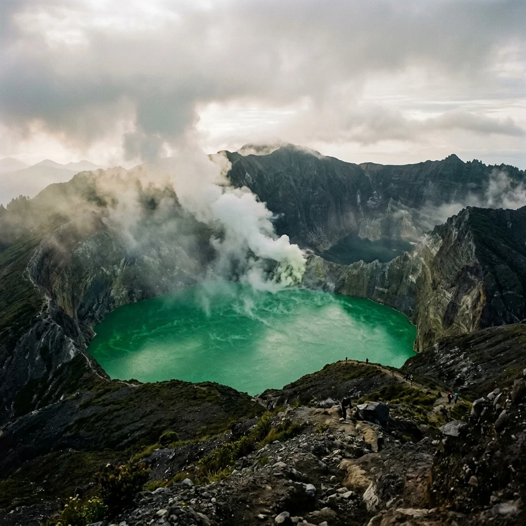 Steaming emerald lake in volcanic mountains