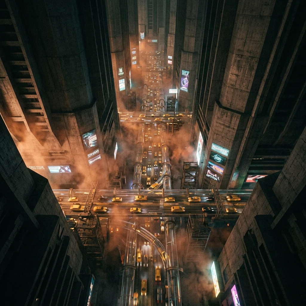 An aerial view looking down between impossibly tall brutalist mega-structures