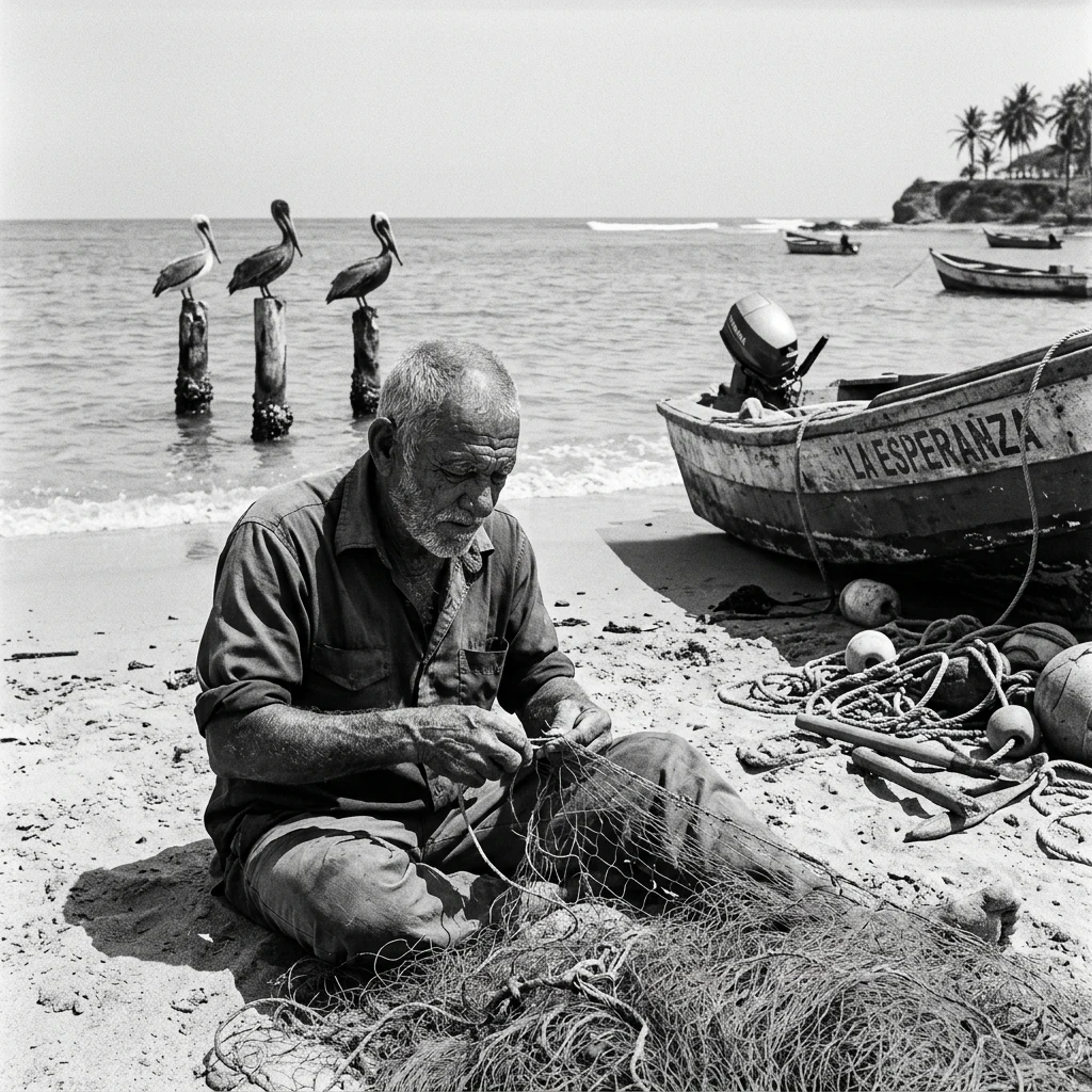 An elderly fisherman mending green nylon nets on the sand at Carupano