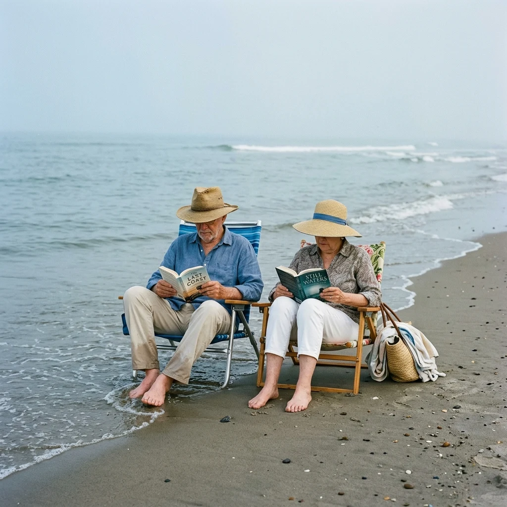 An older couple in folding chairs at the tideline under wide-brimmed hats