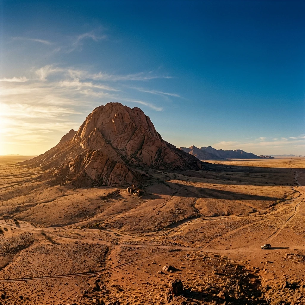 The towering red-granite dome of the Brandberg Massif standing isolated on the flat Namib…