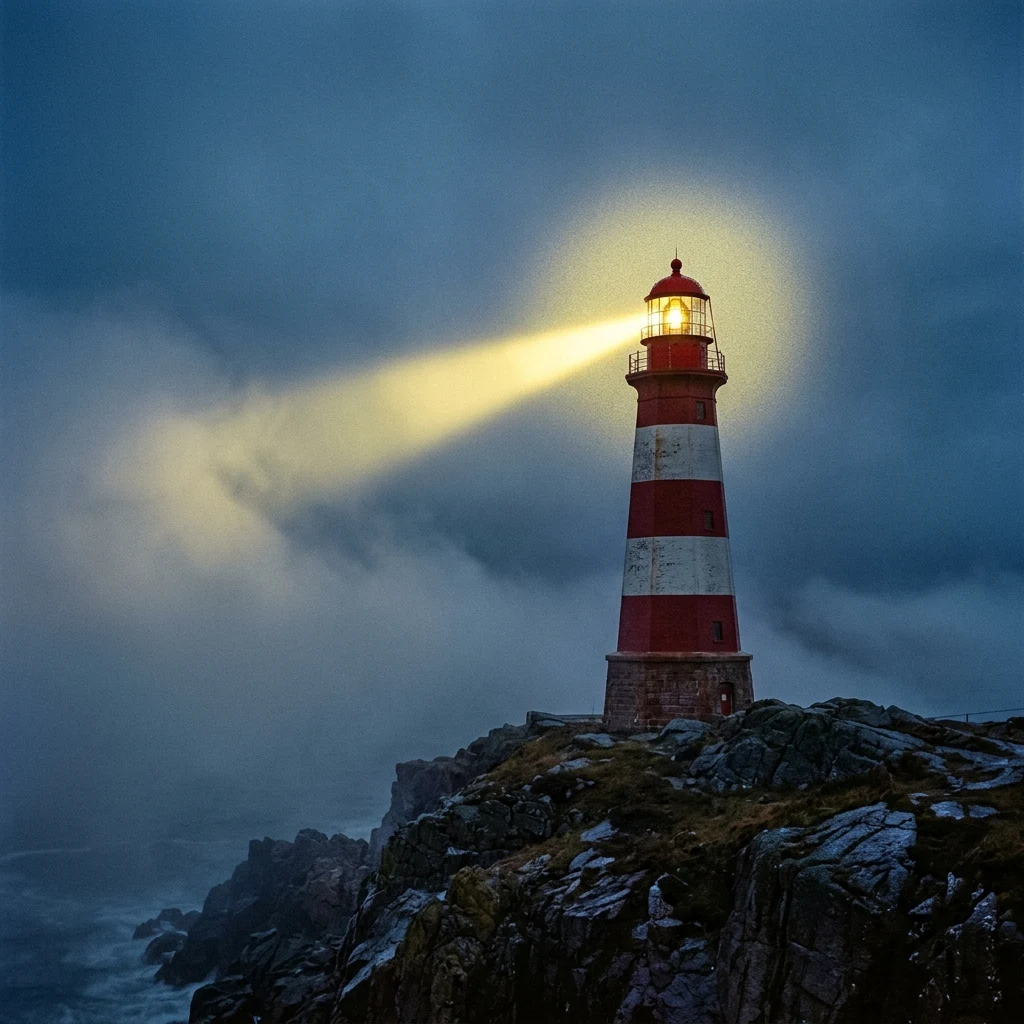 A solitary red-and-white striped lighthouse on a rocky headland at blue hour