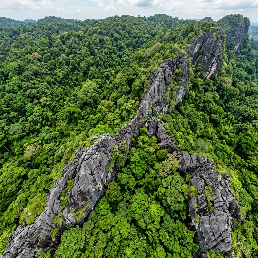 An aerial drone shot looking straight down onto the rainforest canopy covering the…