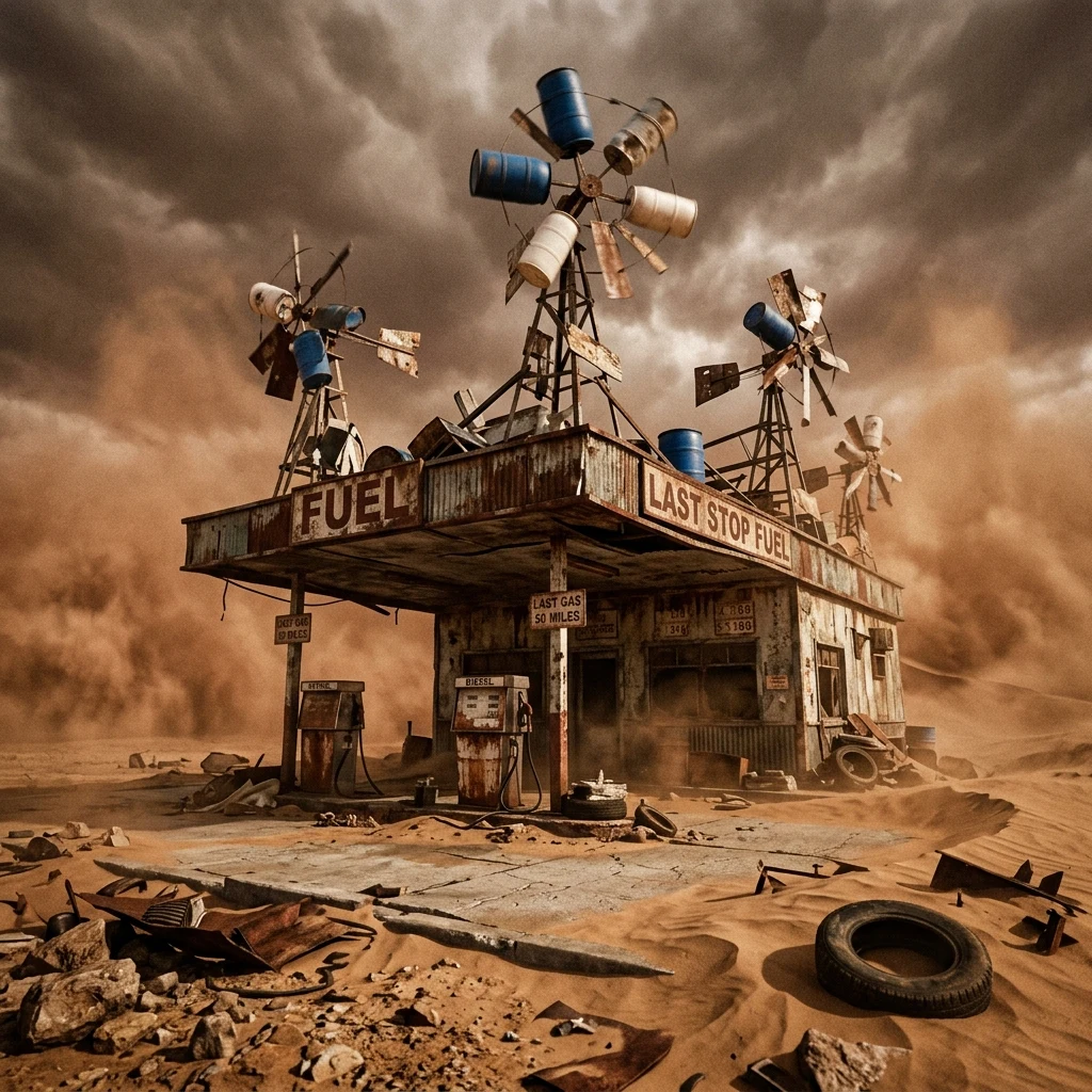 Abandoned gas station in a dust storm