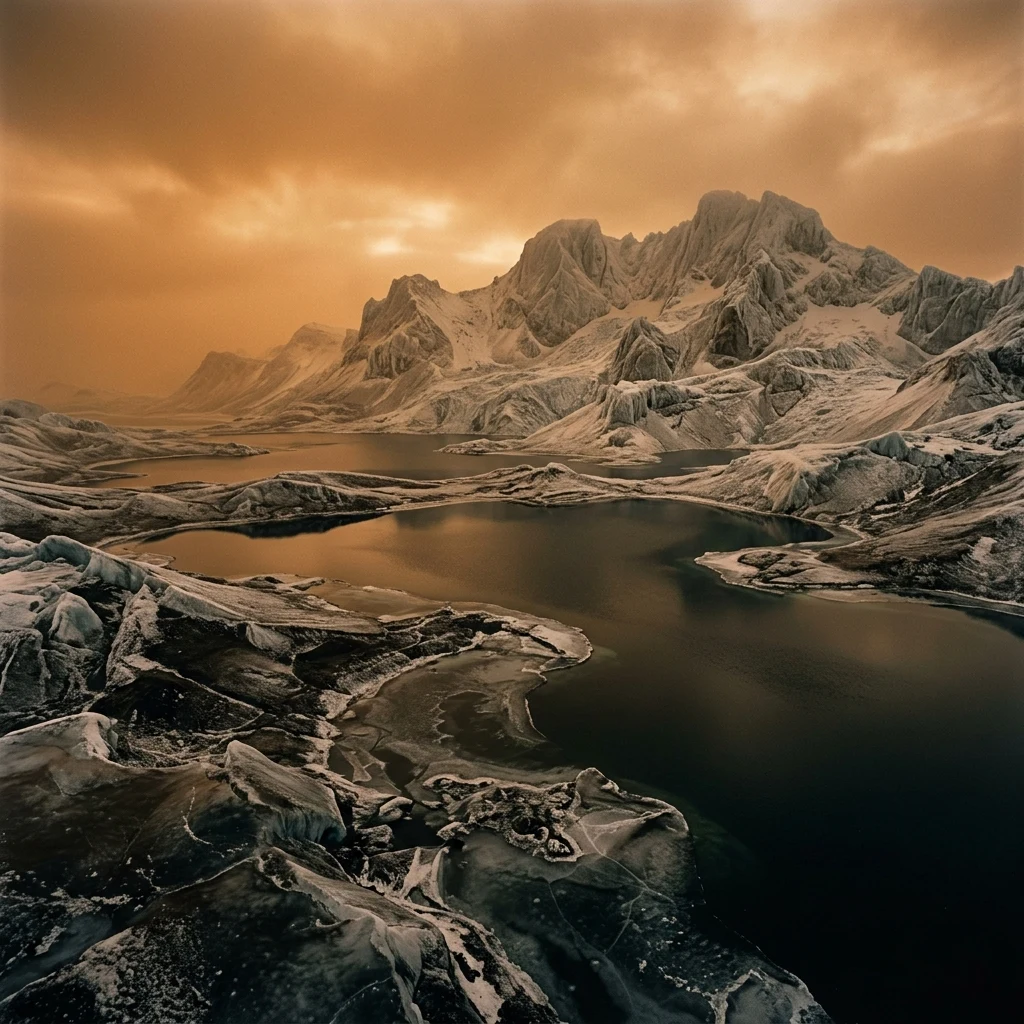 National Geographic style sci-fi panoramic render of Hyperion Crest on Titan