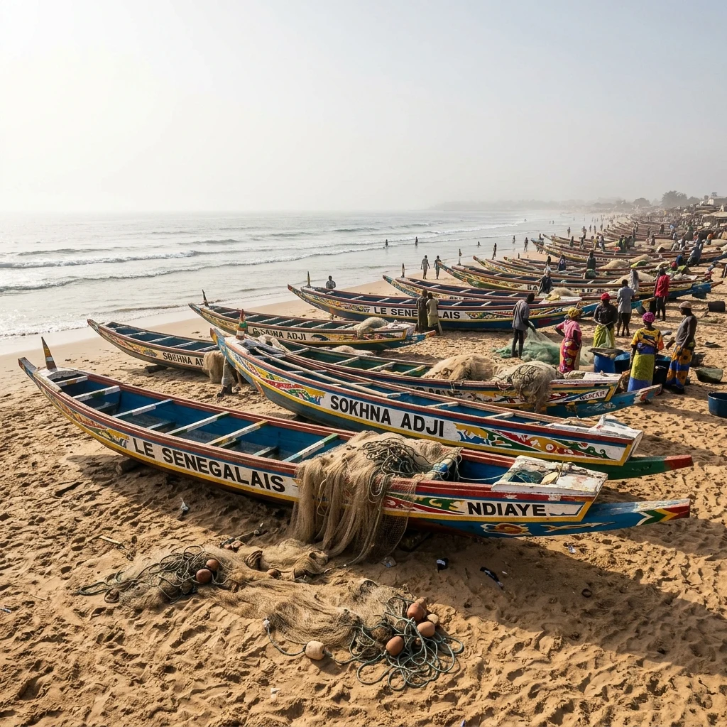 A colorful fleet of hand-painted wooden pirogues pulled up on the sand at Saint-Louis