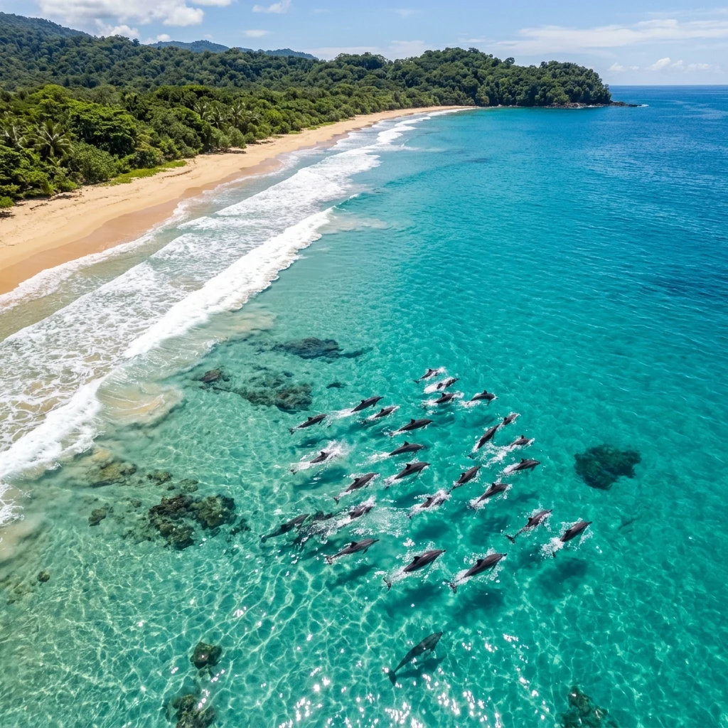 An overhead drone shot of a pod of dolphins swimming in crystal clear turquoise water…