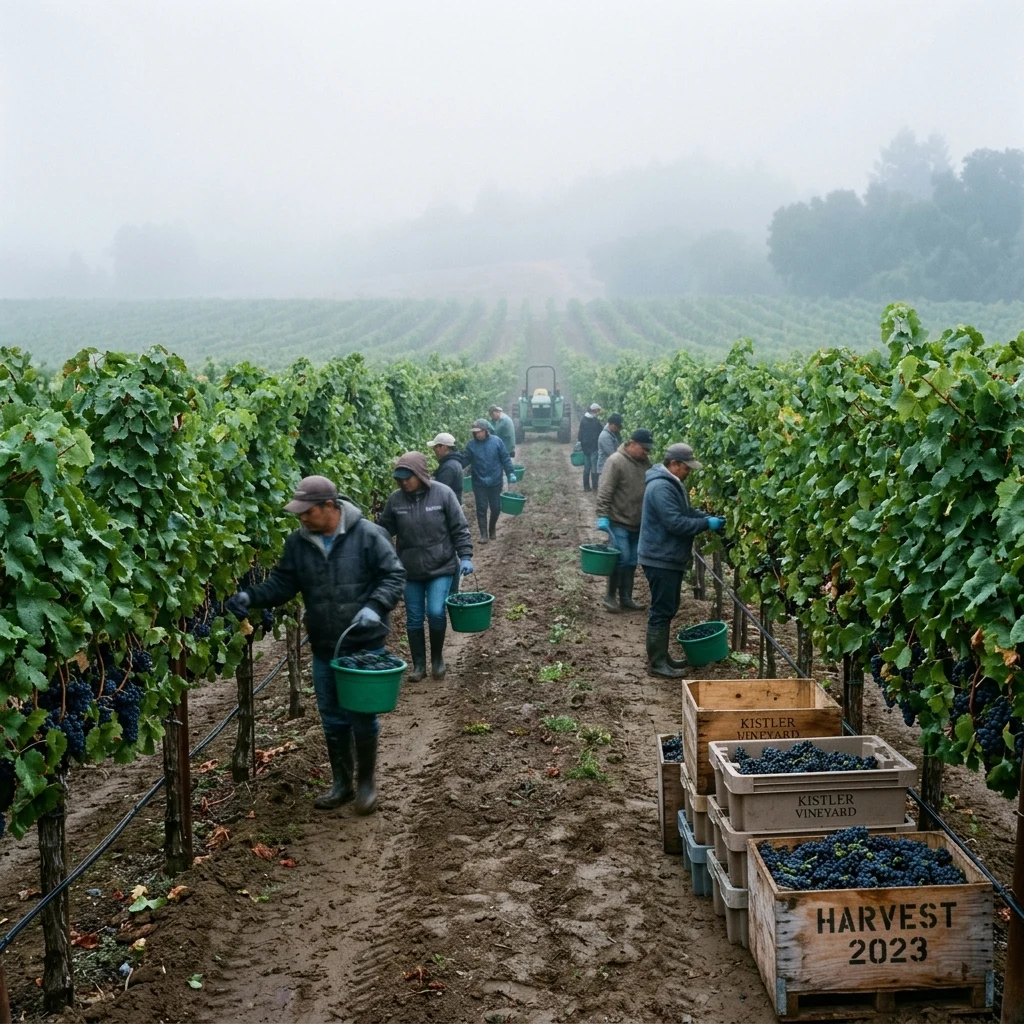 A vineyard harvest with pickers moving down the rows in early fog