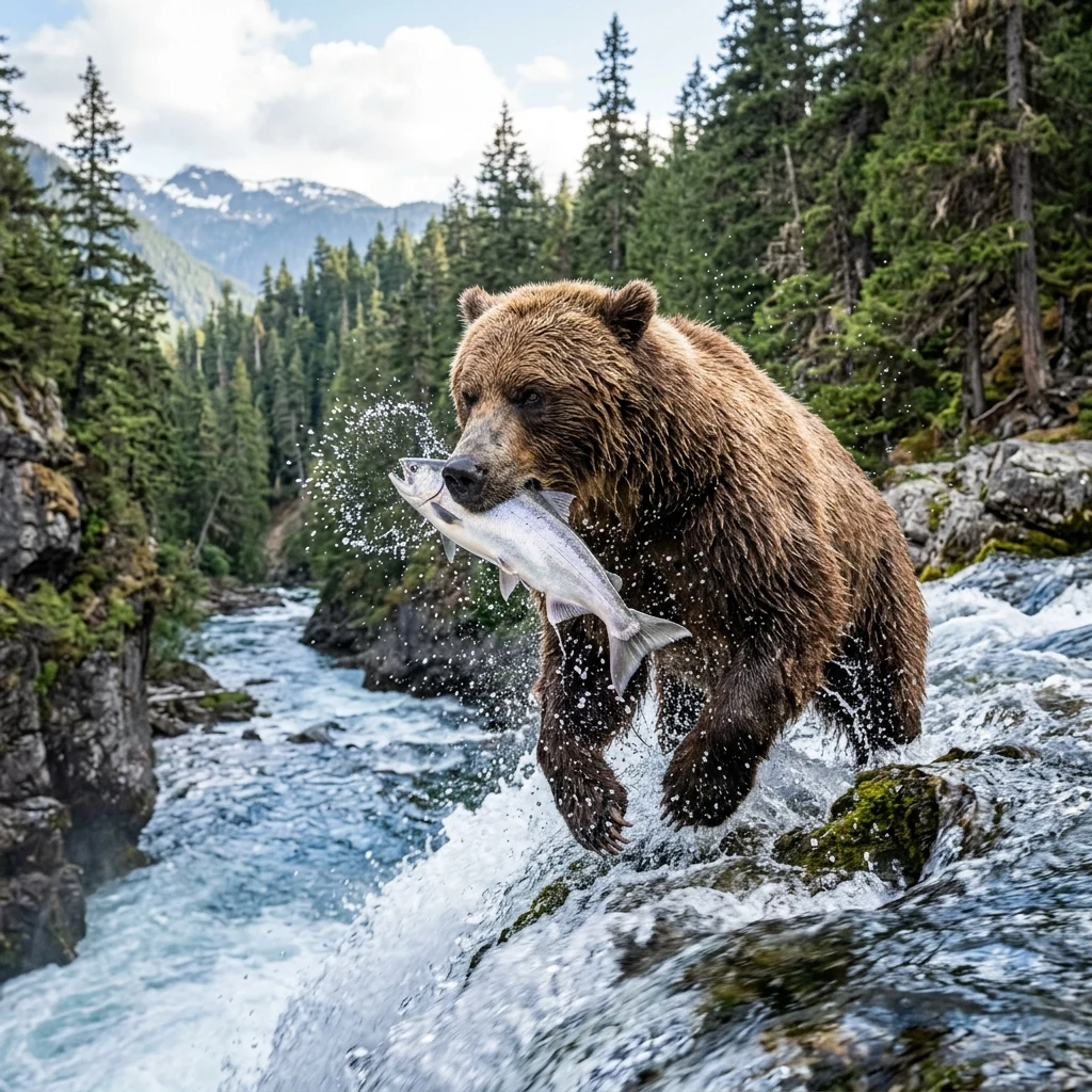 A grizzly bear catching a salmon at the top of a rushing waterfall in the Coast Mountains