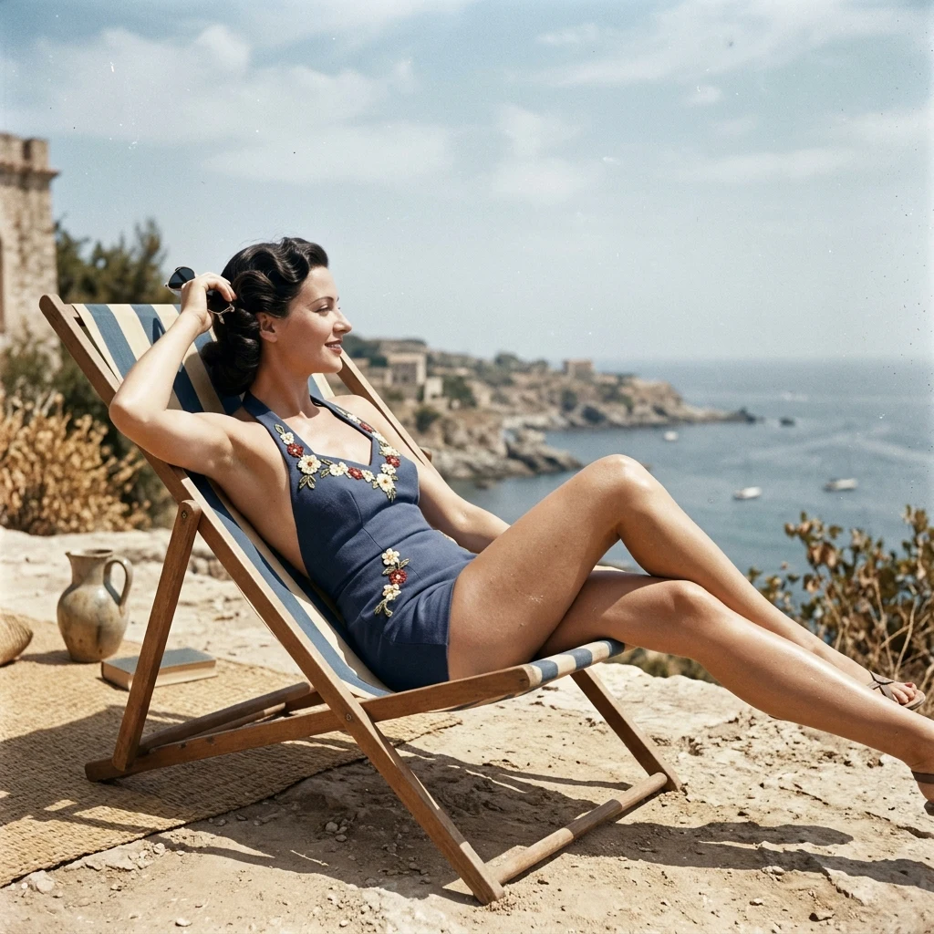 A 1930s sun-bleached Ektachrome photo of a woman in a backless wool halter swimsuit with…