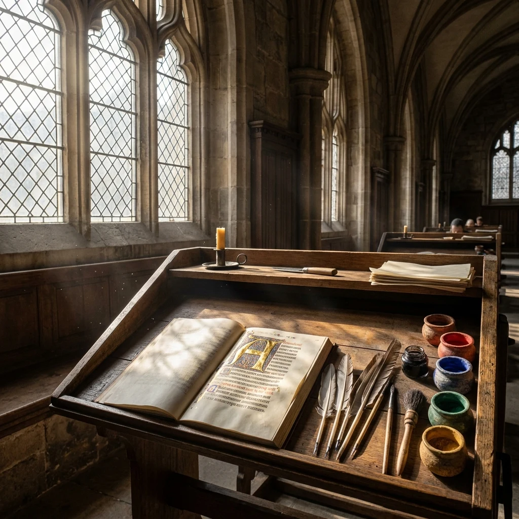 A medieval scriptorium lit by high clerestory windows