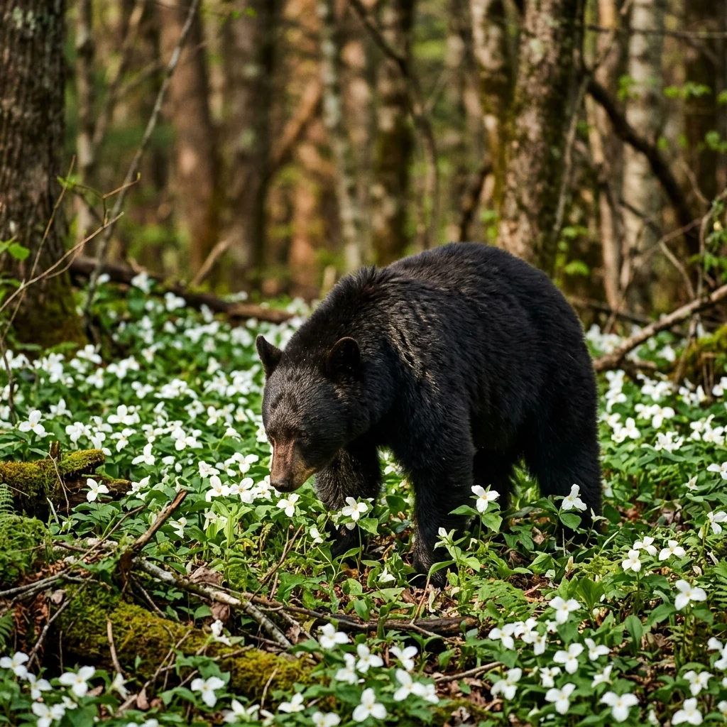 A black bear foraging among wild spring trilliums in a sun-dappled hardwood forest in the…