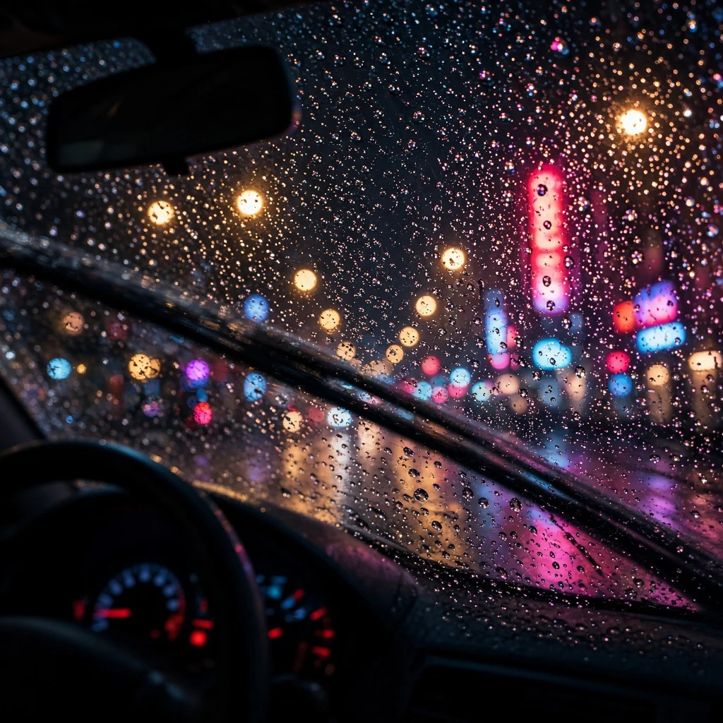 Rainy night view through a car windshield