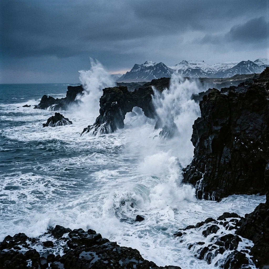 Ocean waves crashing against dark volcanic rocks