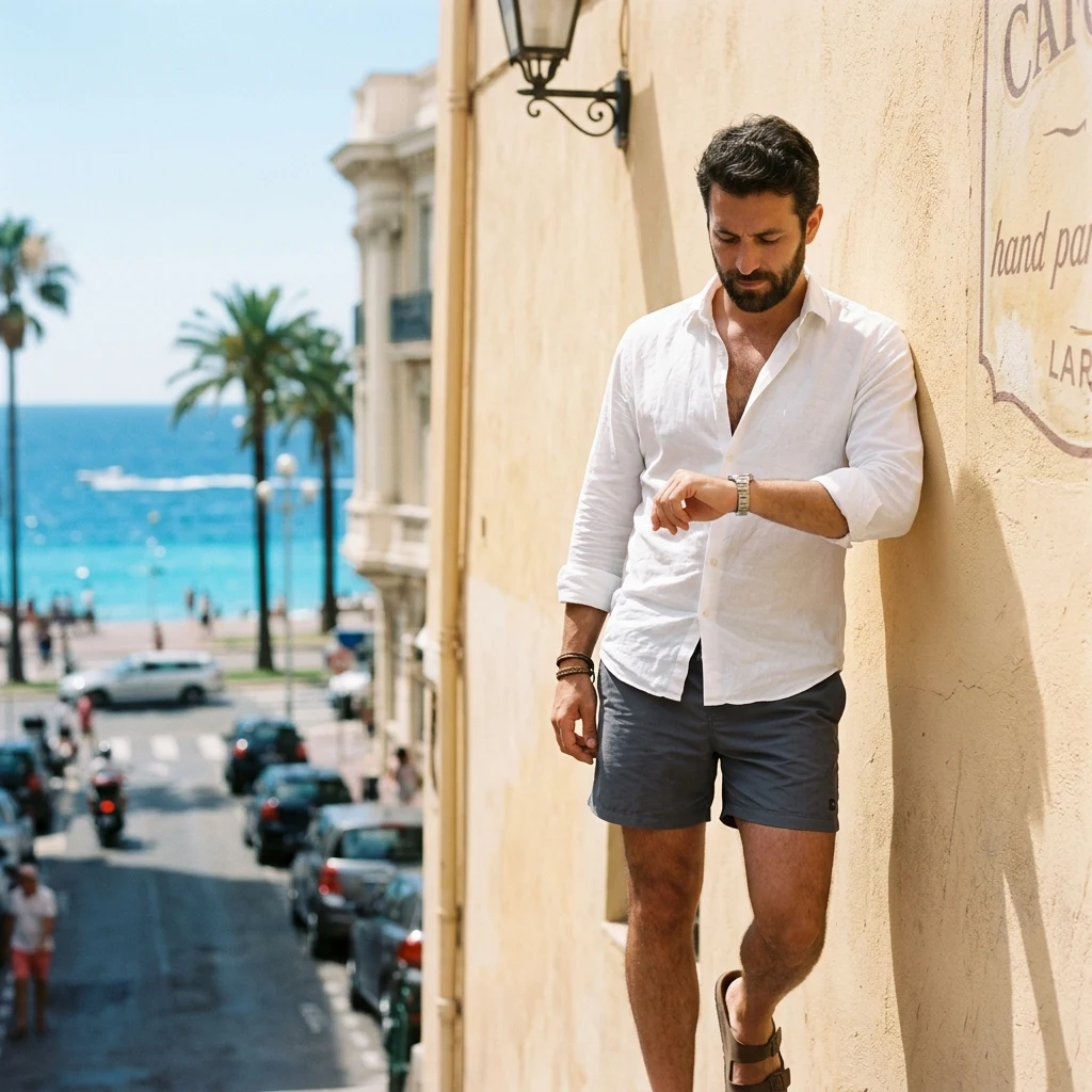 Man relaxing at a sunny seaside cafe