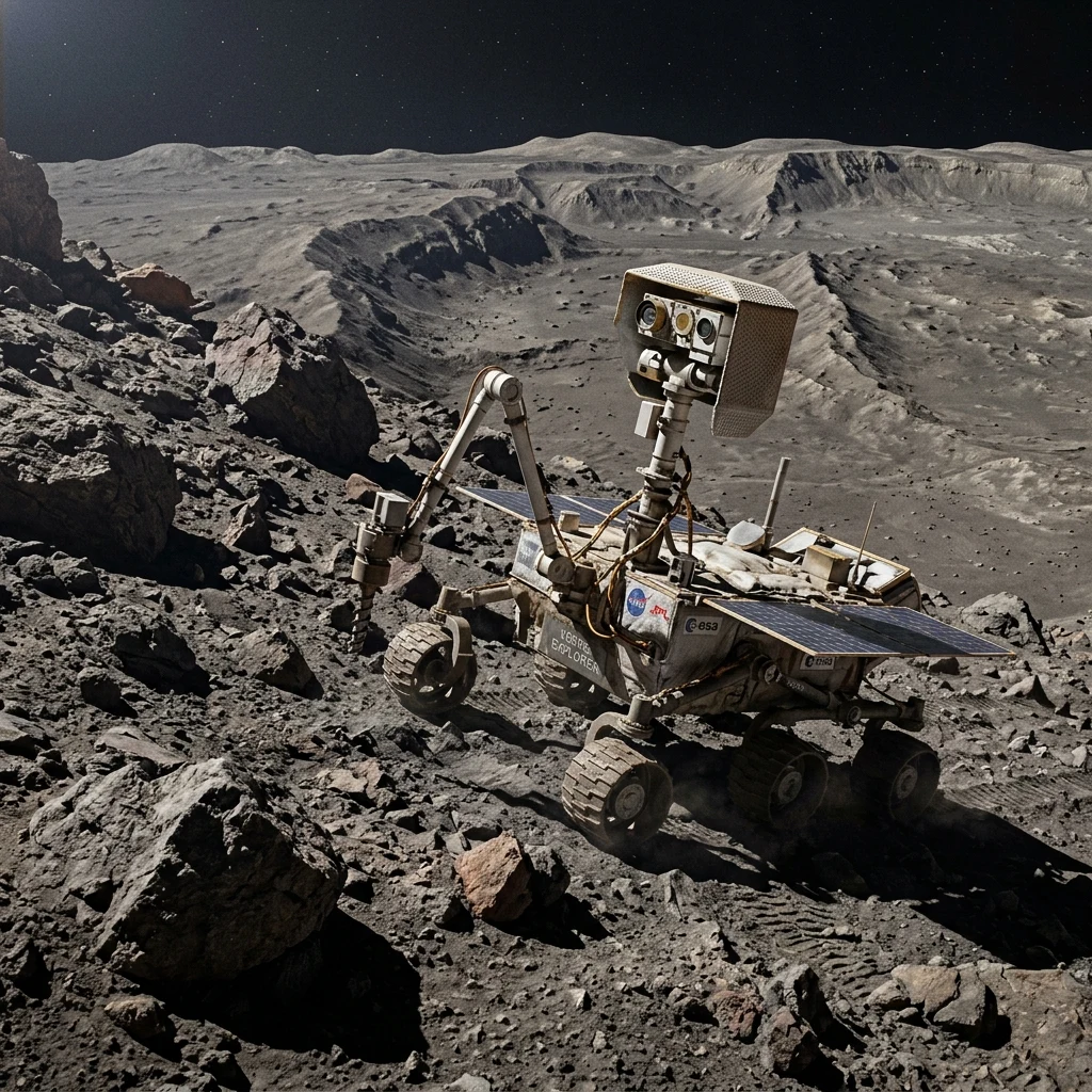 A robotic Mercury rover traversing a boulder-strewn slope of Vesper Ridge