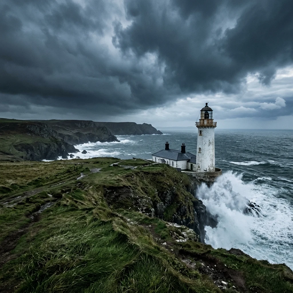 White lighthouse on a stormy coastal cliff