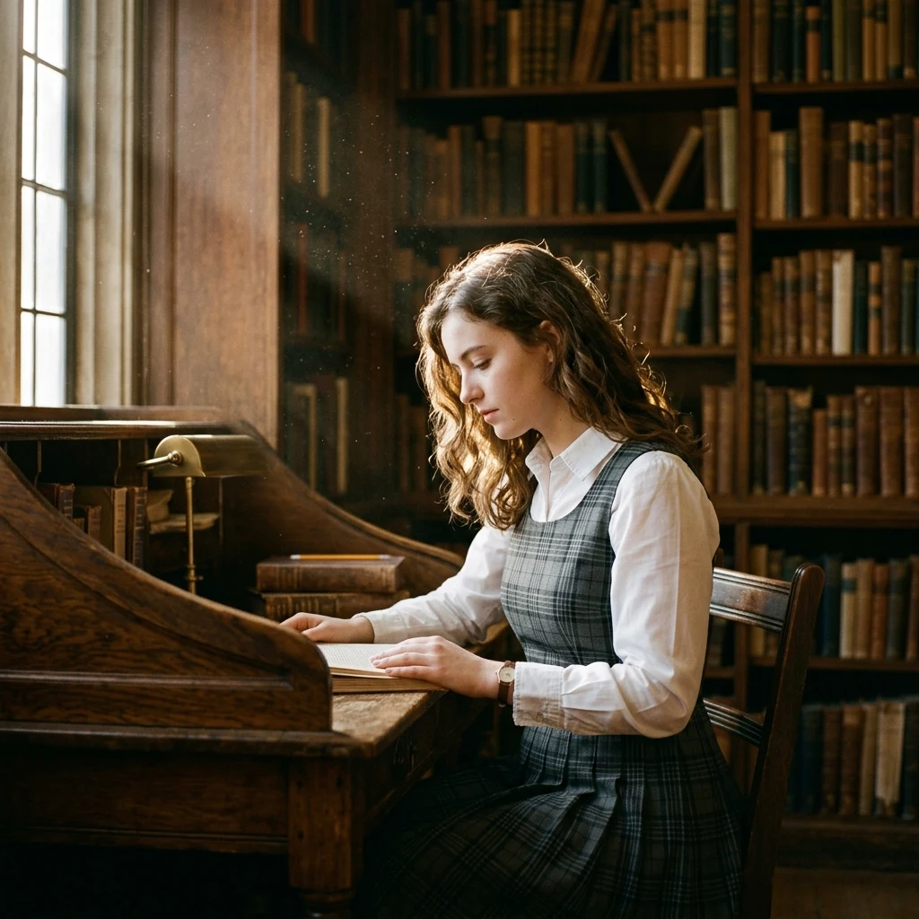 A dark academia style pleated plaid pinafore dress over a crisp collared blouse