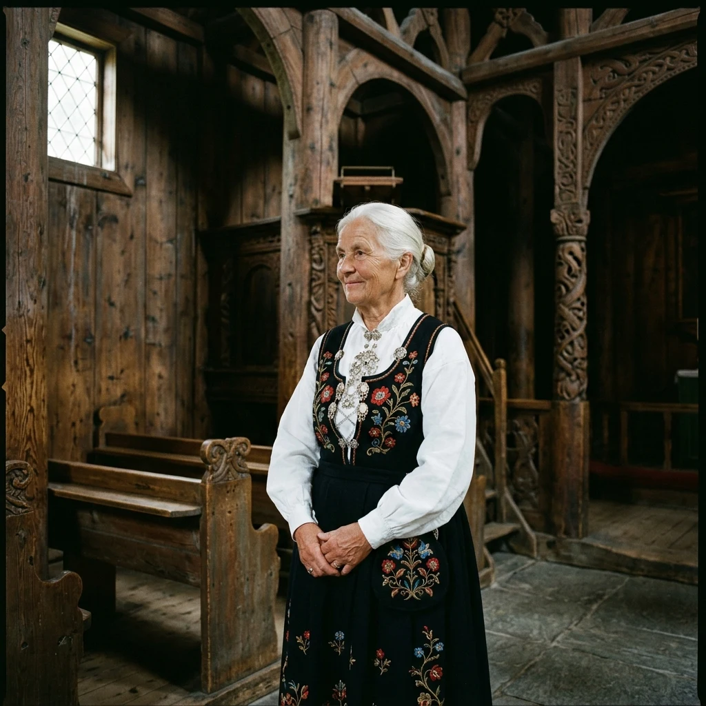 An elderly Norwegian woman wearing a region-specific bunad folk dress with silver…