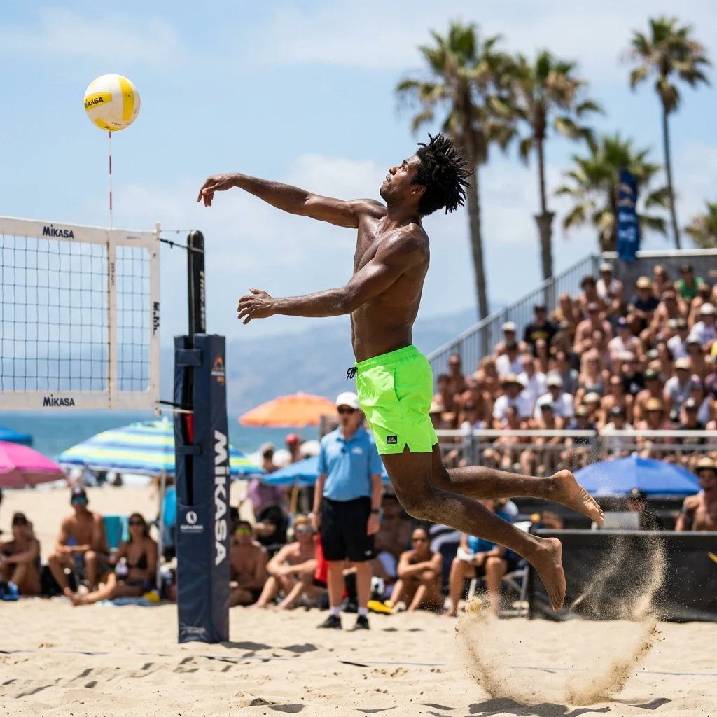Powerful jump spike during a beach match