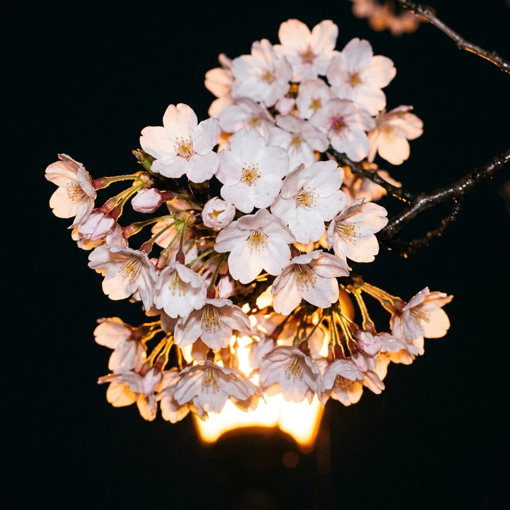 Cherry blossoms glowing in the night