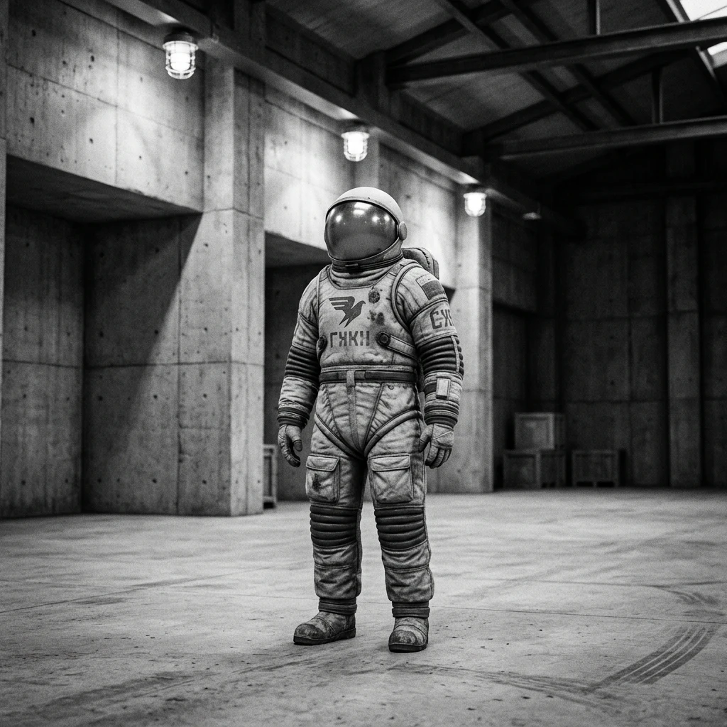 A retro-futuristic Soviet space suit with thick padded canvas