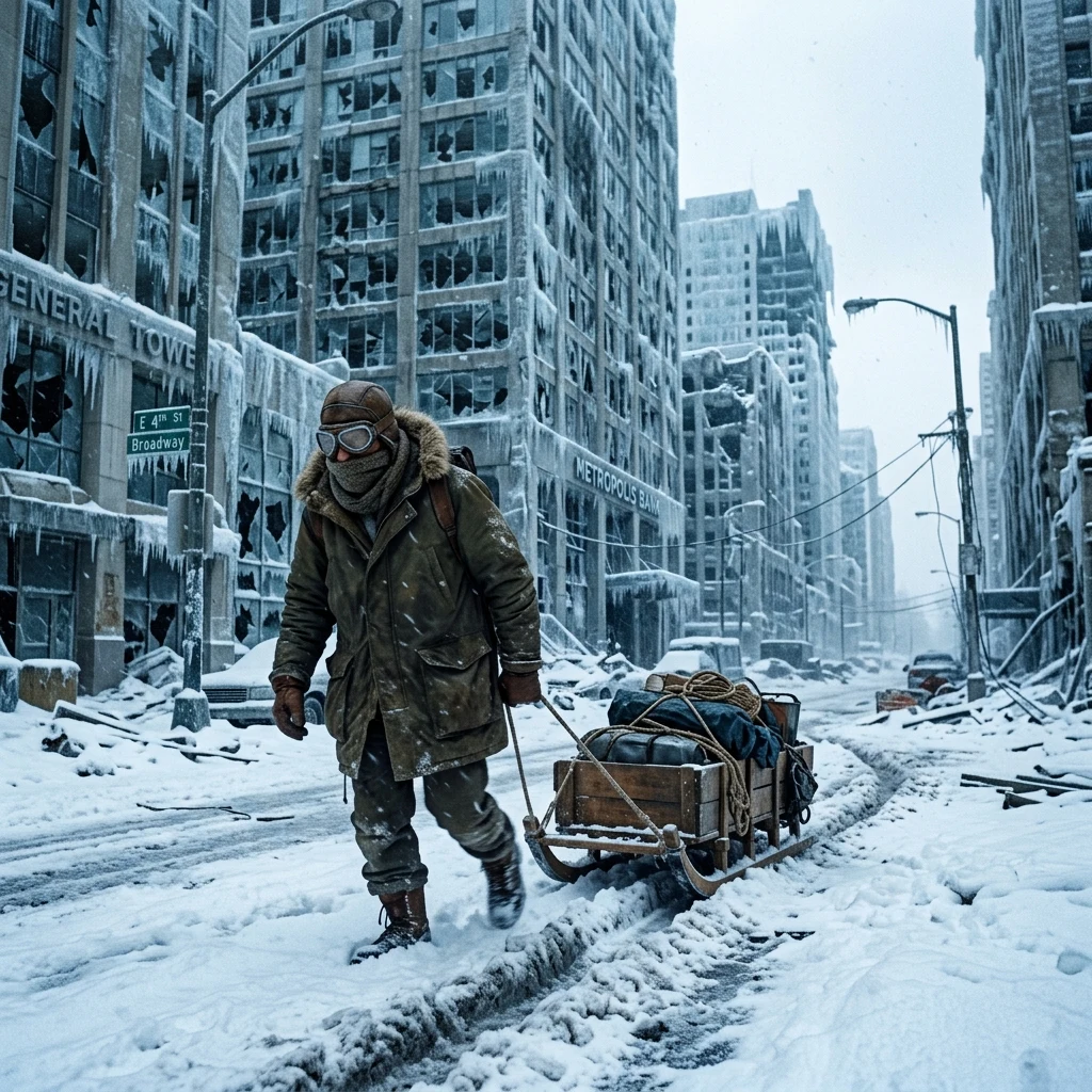 A survivor wrapped in heavy fur-lined canvas parkas and leather goggles