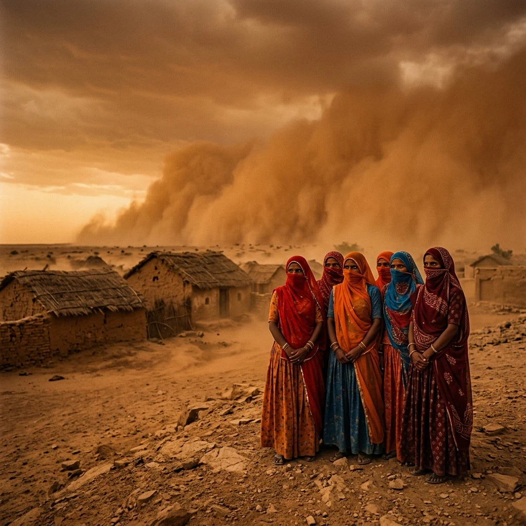 A Thar Desert village at the edge of a sandstorm